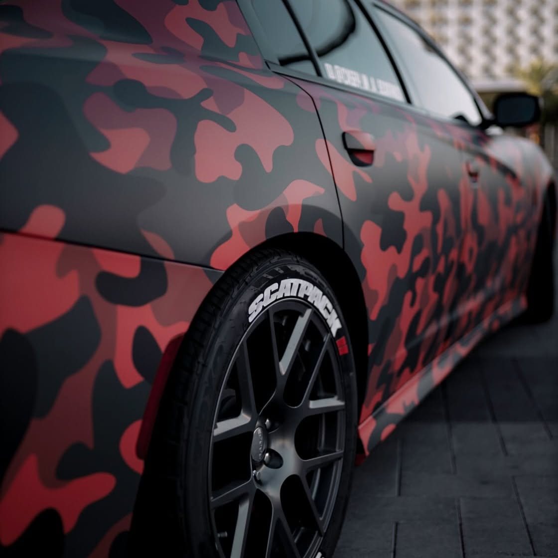 Dodge Charger Scat Pack camo color-change wrap detail by A&M Graphics