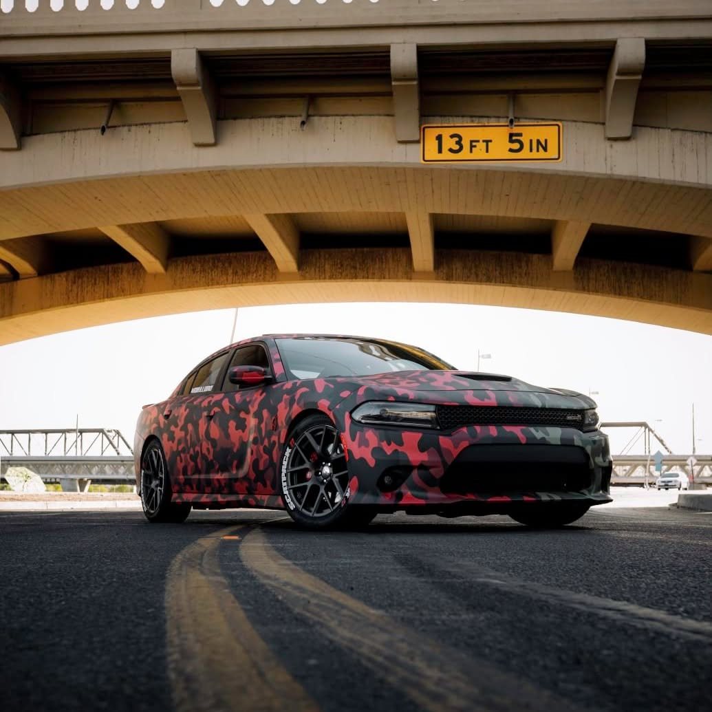Dodge Charger Scat Pack red camo color-change wrap by A&M Graphics