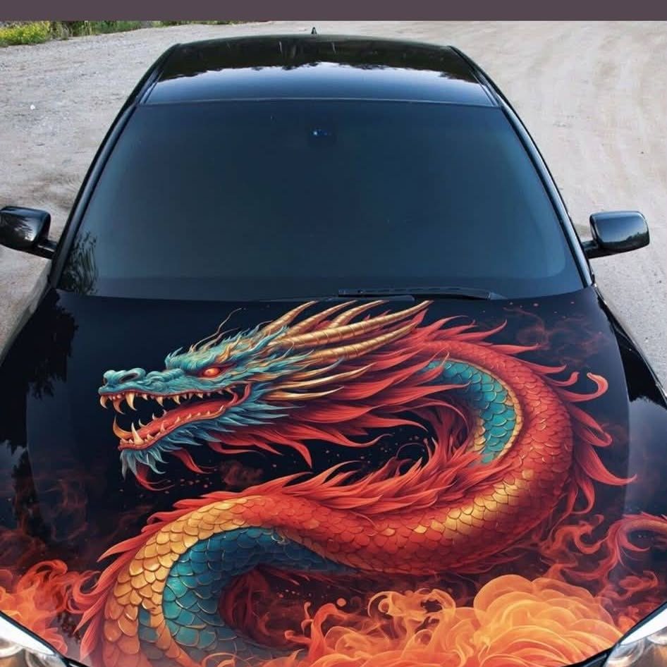 Custom printed dragon hood graphic designed in-house by A&M Graphics